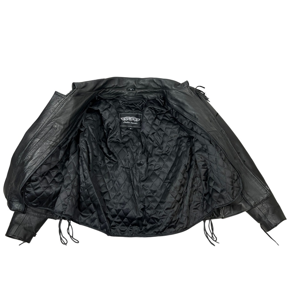 UNIK Leather Fringe Biker Jacket Small Black Purple Rose Inlay Motorcycle Goth - Picture 8 of 15